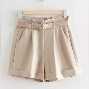& Other Stories Paper Bag Waist Belted Tan Khaki Shorts Size 4 Med Silk Linen